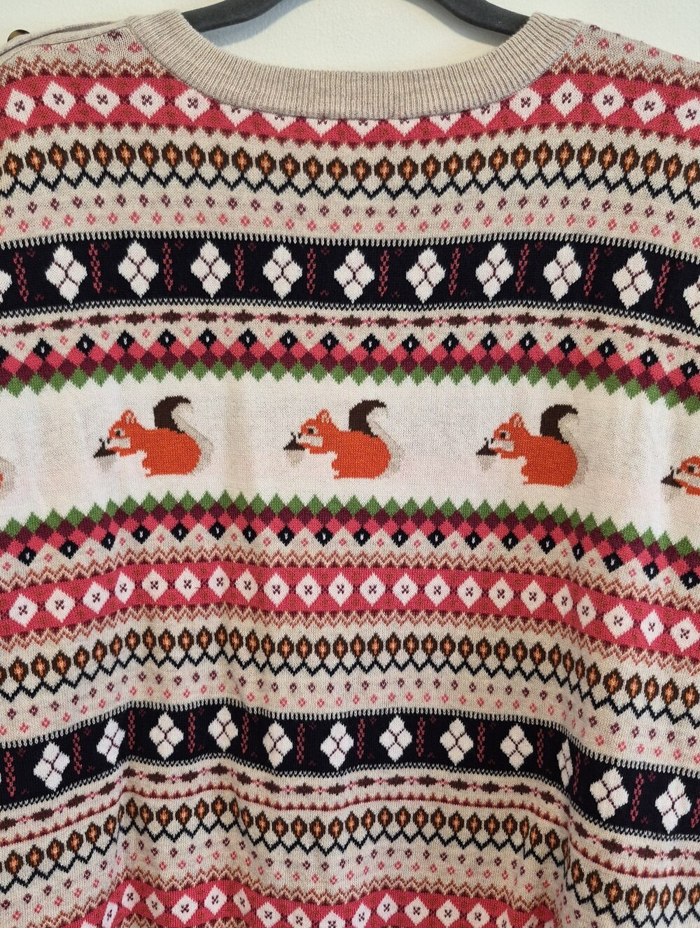 Talbots Squirrel Fair Isle Sweater Button Shoulder Crewneck Beige/Orange Size XL - Picture 9 of 12